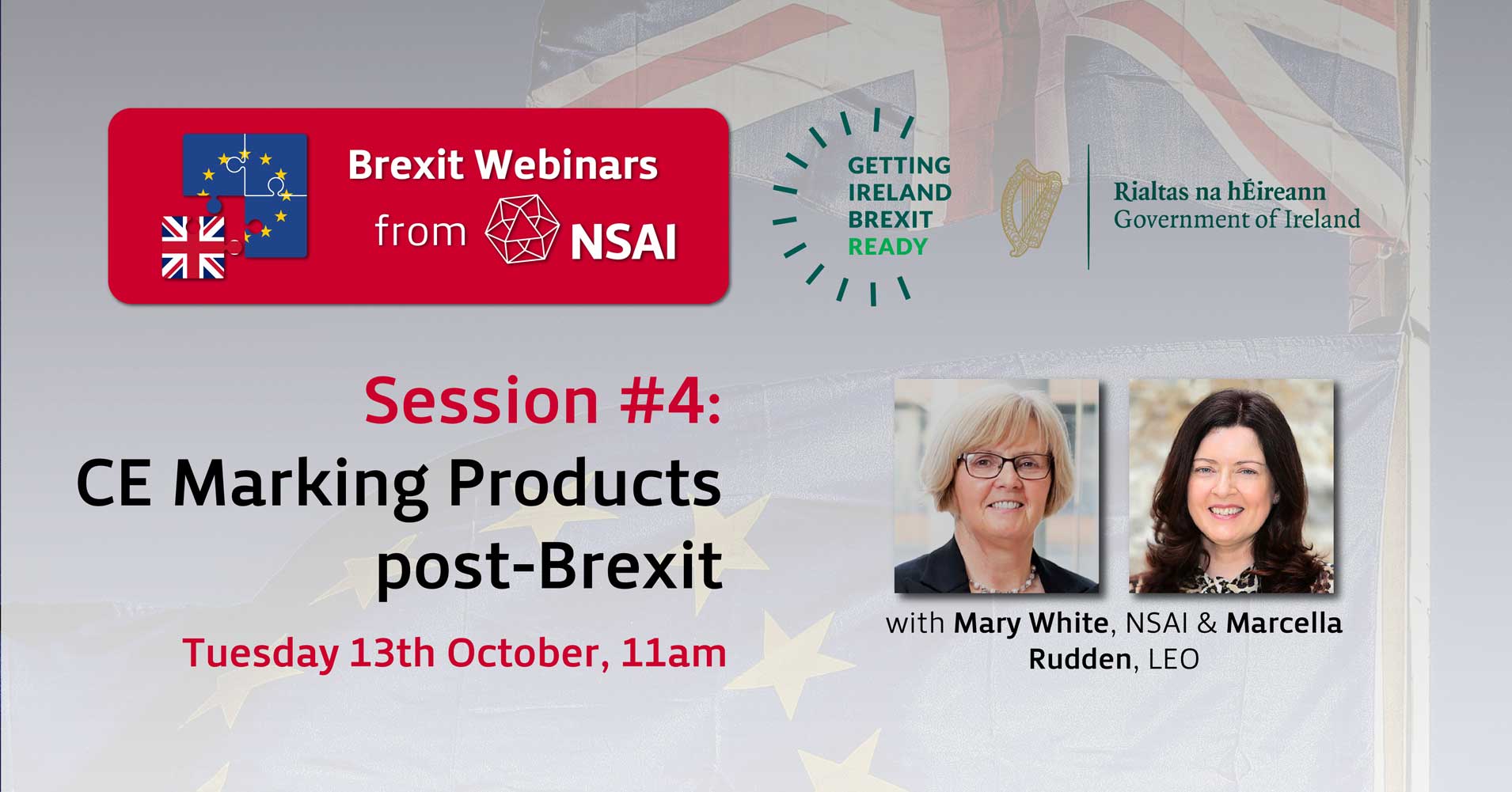 Brexit Webinars from NSAI Session #4: CE Marking Products post-Brexit with Mary White, NSAI & Marcella Rudden, LEO Tuesday 13th October, 11am